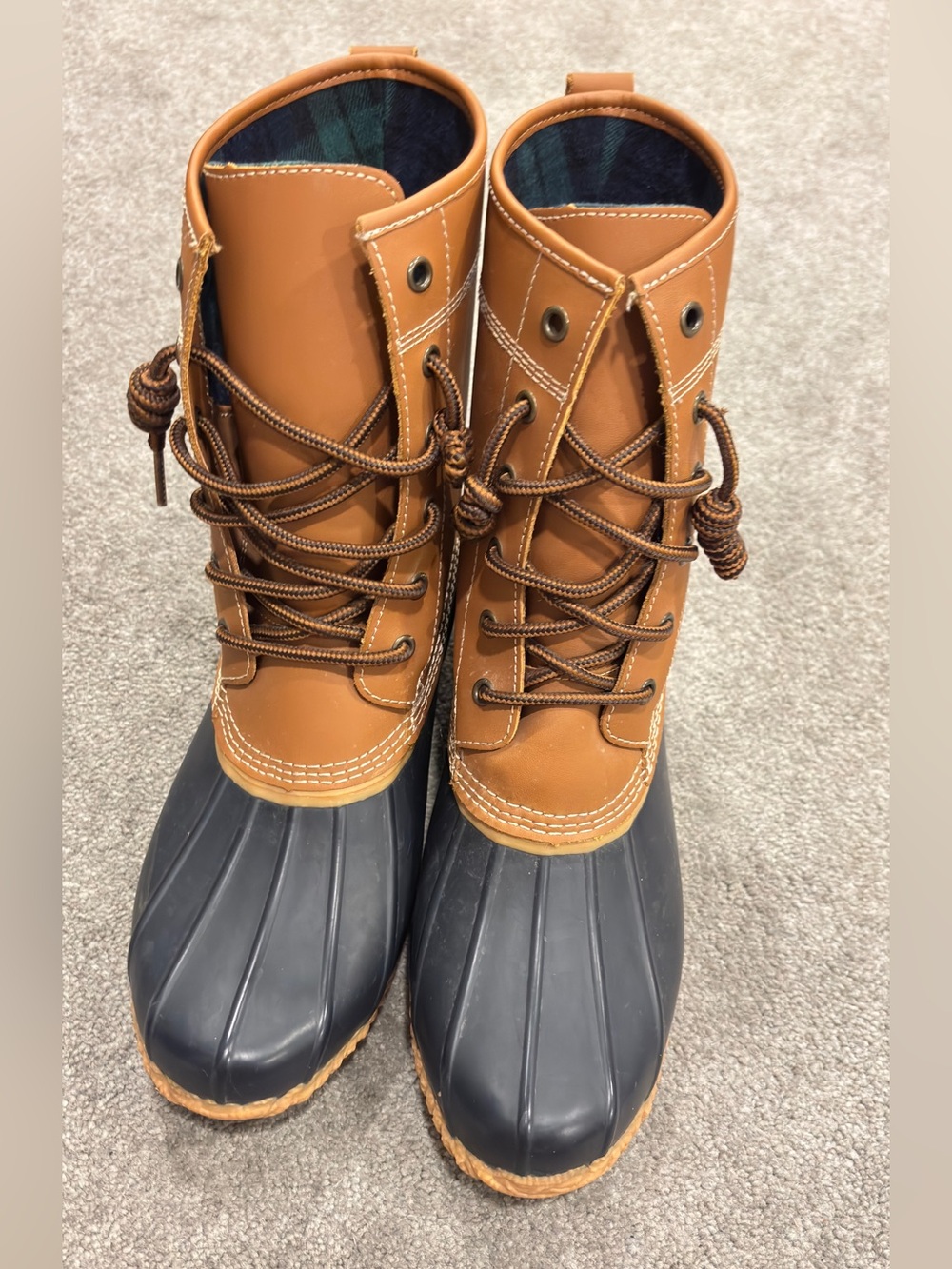 Women's Lands End Brown and Navy Lace-Up Duck Boots - Waterproof Winter Boot